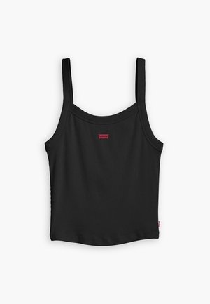 Svart ribbet tank topp med tynne stropper, med en liten rød Levi's-logo midt foran og en rett hem.
