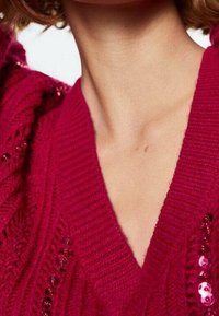 Fuksia neulepusero, jossa on V-pääntie, teksturoitu kuvio ja paljeteilla koristellut yksityiskohdat pääntiellä ja sivuilla.