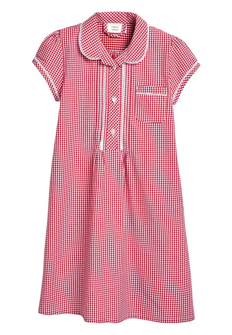 Rotes Karomuster-Kleid mit kurzen Ärmeln, rundem Kragen, Knopfverschluss vorne und einer Brusttasche. Mit weißen Paspelierungen und gerafftem Taillenbereich.