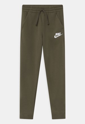 Oliven grønne sweatpants med elastisk taljebånd, justerbar snor, to sidelommer og en hvid Nike-logo på venstre lår.