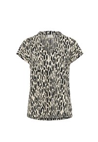 Haut à manches courtes noir et crème avec un décolleté en V et un motif de coup de pinceau abstrait, confectionné en tissu léger.