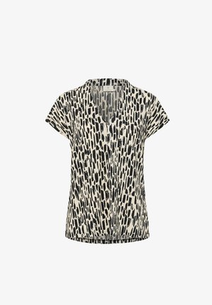 Crni i krem kratki rukav top s V-izrezom i apstraktnim uzorkom četke, izrađen od laganog materijala.