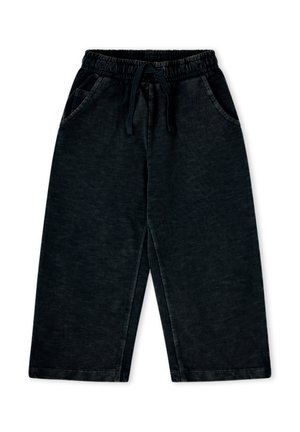 Pantalones negros de pierna ancha con cintura elástica y cordón, que cuentan con bolsillos delanteros y un ajuste relajado.