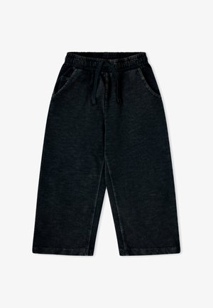 Pantalones negros de pierna ancha con cintura elástica y cordón, que cuentan con bolsillos delanteros y un ajuste relajado.