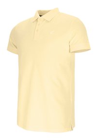 Kurzärmeliges Poloshirt aus weichem, gelbem Baumwollstoff, mit einer Dreiknopf-Leiste, gesticktem Logo auf der Brust und seitlichen Schlitzen am Saum.