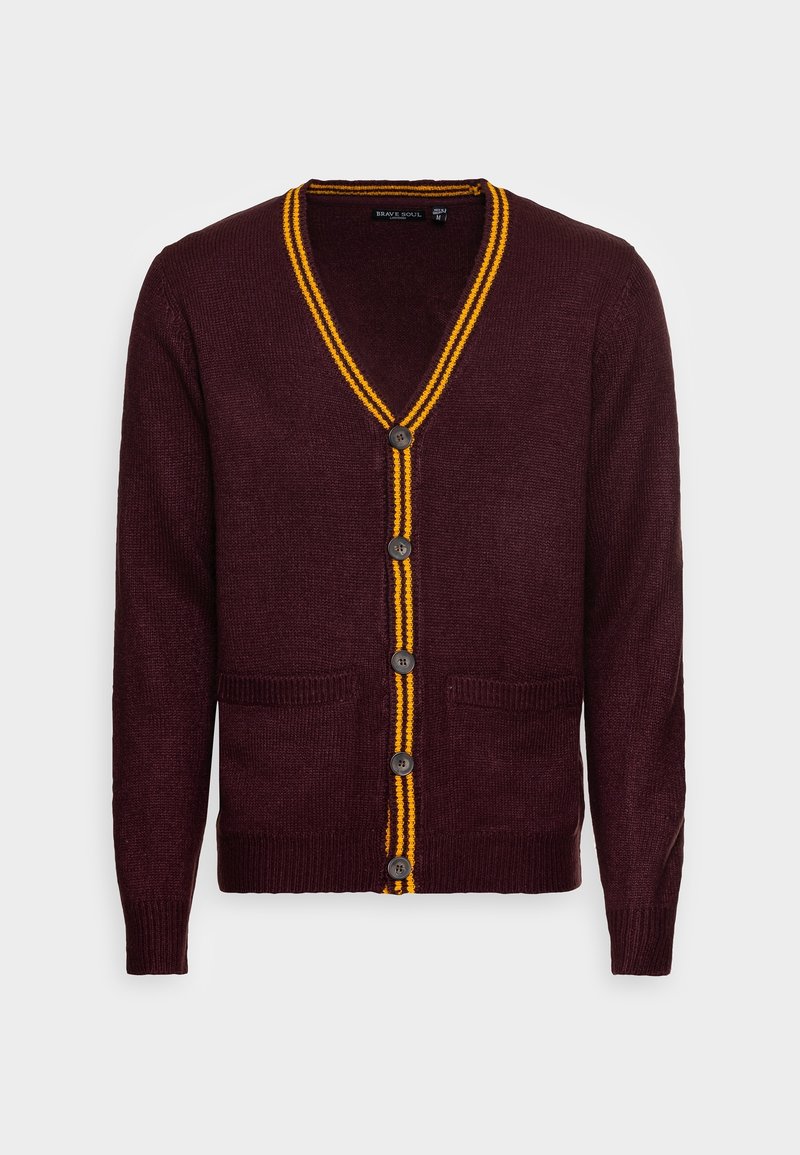 Maroon cardigan featuring a V-neck, yellow and orange striped details along the neckline, six black buttons, and front pocket accents.