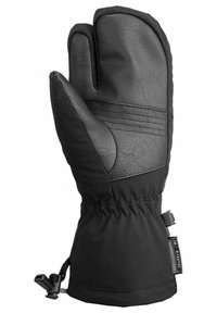 Manoplas negras hechas de cuero y tejido aislante, con muñeca ajustada, textura suave y etiqueta impermeable. El diseño incluye una estructura de tres partes en los dedos.