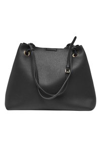 Sac à main en cuir noir texturé avec deux bandoulières et œillets métalliques dorés sur un fond blanc uni.