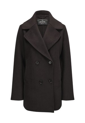 Black double-breasted wool coat with wide lapels and four buttons, displaying a Milestone brand label inside the collar.