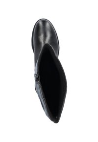 Zwarte leren laars tot de knie met een geribbelde oppervlakte, ronde neus en een zijrits. Zachte binnenvoering voor comfort.