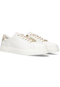 White leather sneakers featuring a textured sole, gold-tone hardware, and a zip closure on the side. Tan accents at the heel.