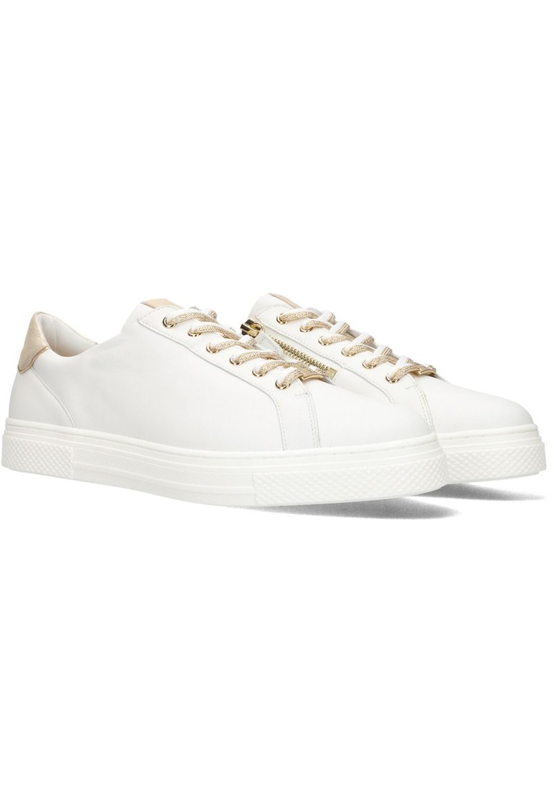 White leather sneakers featuring a textured sole, gold-tone hardware, and a zip closure on the side. Tan accents at the heel.