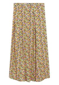 Falda midi floral con fondo negro y vibrantes flores en tonos rosa, amarillo y verde. Confeccionada en un tejido ligero y con un diseño plisado.