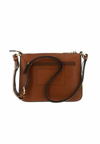 Braune, strukturierte Umhängetasche mit Reißverschluss, verfügt über eine Vorderseite mit Tasche, verstellbaren Gurt und goldfarbene Metallakzente.