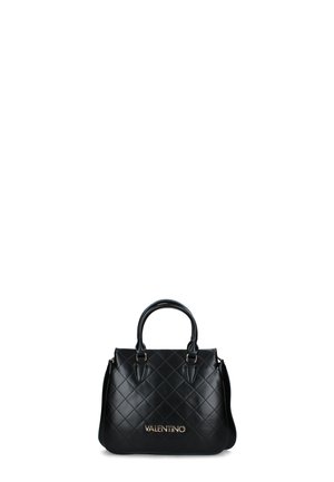 Borsa a tracolla in pelle nera con motivo a rombi, doppi manici, tracolla rimovibile e accenti in oro con il logo sul fronte.