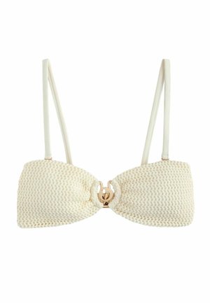 Top bikini color crema intrecciato con un motivo texturizzato, spalline regolabili e una chiusura in metallo dorato al centro davanti.