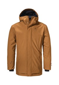 Braune wasserdichte Parka mit Kapuze, Frontreißverschluss, zwei Seitentaschen und schwarzer Innenseite. Mit Markenakzenten an den Ärmeln.