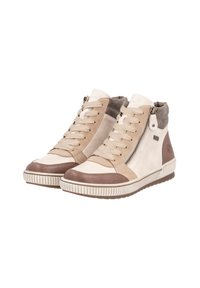 Zapatillas altas en cuero beige y marrón con acentos texturizados, cuello acolchado, cierre de cordones en la parte delantera y detalle de cremallera lateral. Suela de goma.
