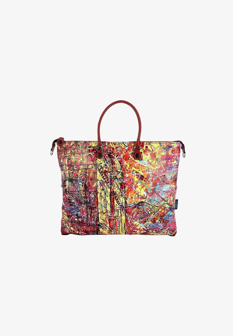 Borsa tote colorata con motivo astratto in rosso, giallo e blu. Dotata di due manici marroni e dettagli in hardware nero. Tessuto testurizzato.