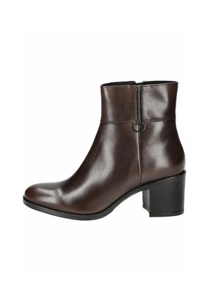 Bottine en cuir marron avec une finition lisse, un bout arrondi, une fermeture éclair à l'arrière et un talon bloc. Présente des accents décoratifs minimalistes.