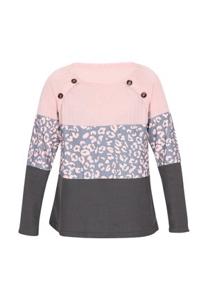 Langsleeve top met een roze ribben bovenkant, grijze middel met een roze luipaardprint en een donkergrijze onderkant; inclusief decoratieve knopen.