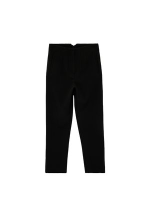Black tailored ankle-length pants with side pockets and a slightly tapered leg, displayed flat on a white background.