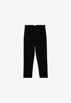 Black tailored ankle-length pants with side pockets and a slightly tapered leg, displayed flat on a white background.