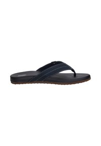 Navy blue flip-flop with a textured footbed, cross-strap design, and light-colored stitching; rubber outsole for grip.