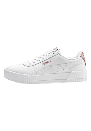 White leather sneakers with a textured finish, featuring a rose gold accent on the heel and classic lace-up design. Rubber sole with ridges.