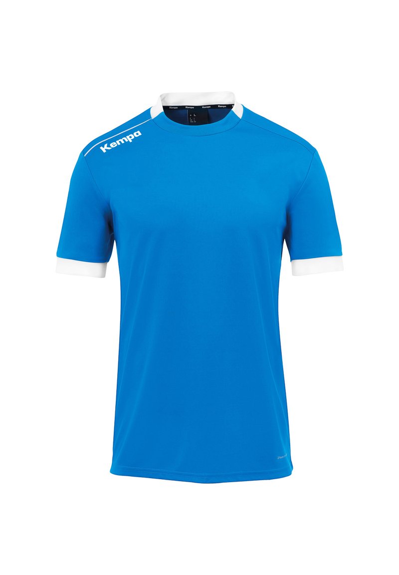 Maillot de sport bleu en tissu évacuant l'humidité. Il présente un col rond, des manches courtes et des accents blancs sur les manches et le col.