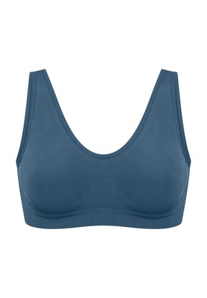 Blauwe, naadloze bh met brede bandjes en een ronde halslijn. Gemaakt van zachte, rekbare stof met minimale details en een gladde textuur.