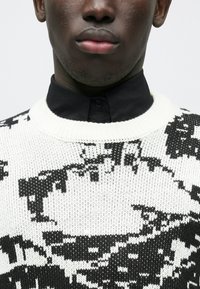 Gestrickter Pullover in Schwarz-Weiß mit grafischem Muster. Gerippter Rundhalsausschnitt, strukturierter Stoff, über einem schwarzen Hemd mit Kragen getragen.