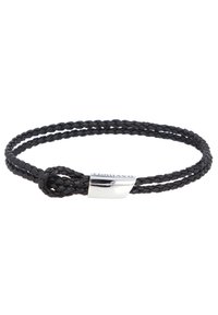 Black braided leather bracelet with a silver clasp. Features a simple knot design and smooth texture. Sleek and minimalistic appearance.