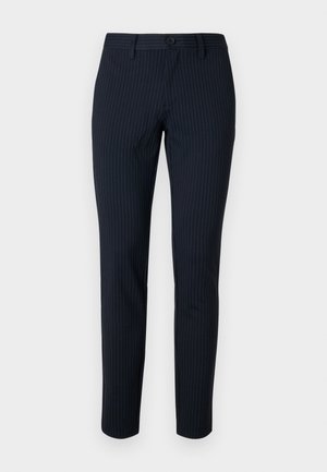Pantalon marine avec de fines rayures verticales, fabriqué en tissu lisse. Comprend une fermeture à bouton et une coupe ajustée avec des jambes droites.