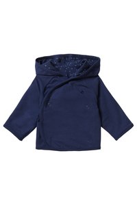 Mørkeblå indpaknings cardigan med hætte, lavet af blødt stof. Har trykknaplukninger og en mønstret foring med små fugle.