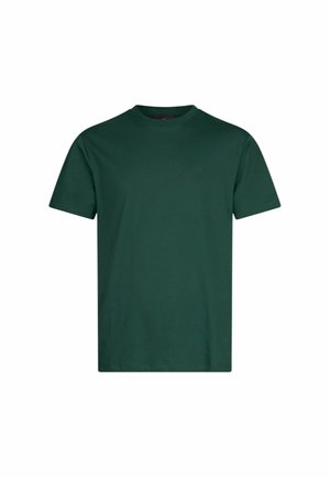 Grünes Baumwoll-T-Shirt mit Rundhalsausschnitt und kurzen Ärmeln. Verfügt über ein dezentes Logo auf der Brust und eine glatte, schlichte Textur.