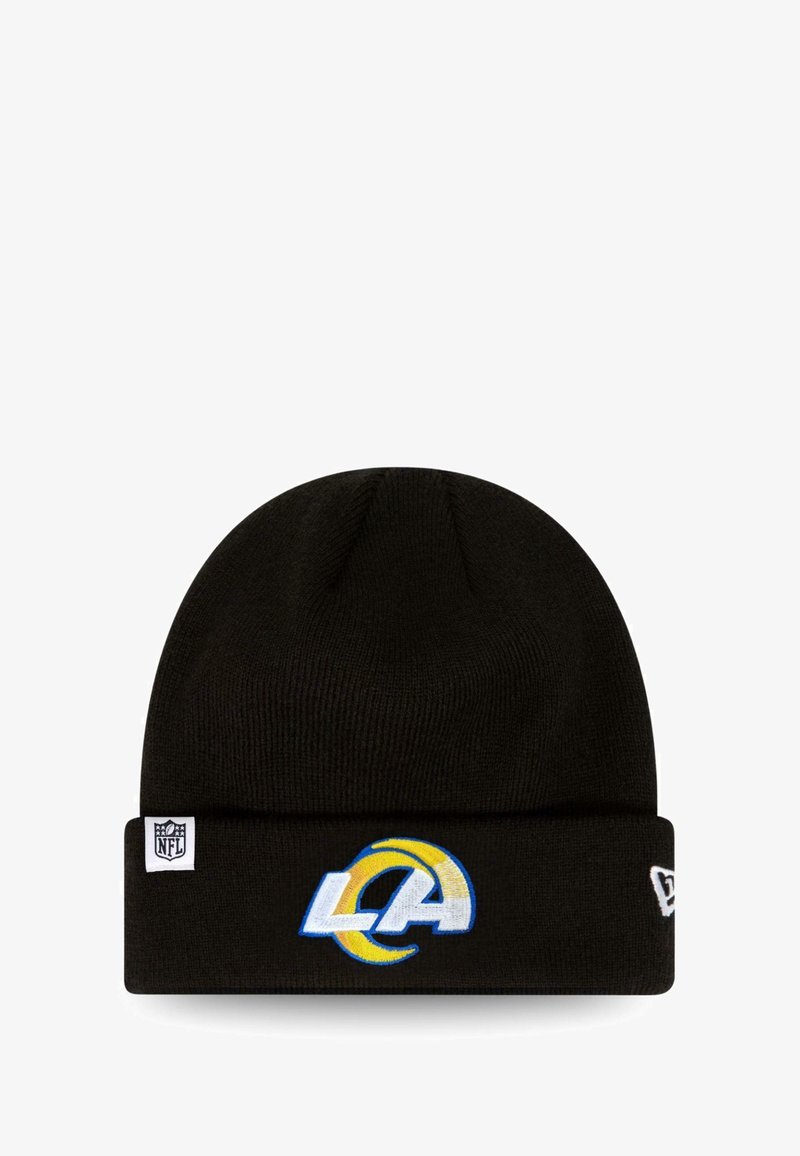 Black knit beanie featuring a fold-over cuff, embroidered blue and yellow LA Rams logo, and NFL shield tag on the side.