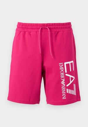 Heledalt roosad vabaajashortsid, millel on elastne talje ja nöör, paremal jalal valge "EA7 Emporio Armani" logo.