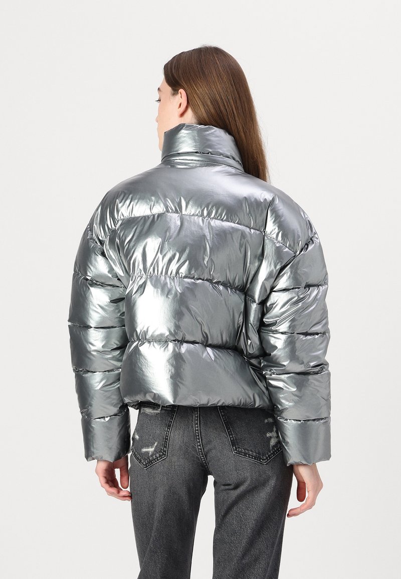 metallic puffer coat calvin klein silver jacket