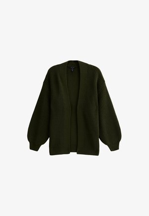 Olivgrüner Strickcardigan mit lockerer Passform, überschnittenen Schultern und tiefem V-Ausschnitt. Die gerippte Textur erhöht das visuelle Interesse. Keine Verschlüsse.