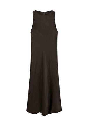 Black sleeveless dress with a relaxed fit, made of smooth fabric, featuring a back zipper and a slightly flared hemline.