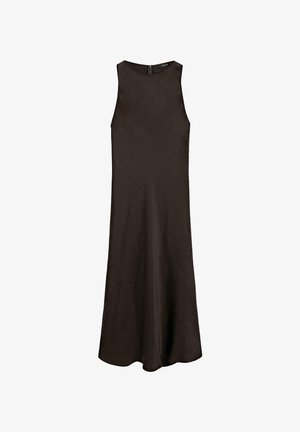 Czarna sukienka bez rękawów o luźnym kroju, wykonana z gładkiego materiału, z zamkiem błyskawicznym z tyłu i lekko rozszerzanym dołem.