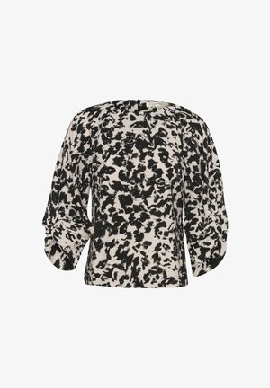 Schwarz-weiße abstrakte Blumenmuster-Bluse mit lockeren, gerafften Dreiviertelärmeln und einem runden Ausschnitt.