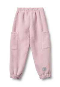 Fleece joggerbyxor i mjuk rosa med elastisk midja och två sidofickor; har elastiska muddar och en cirkulär metallisk logotypapplikation.