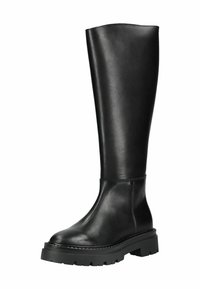 Botte noire en cuir montant jusqu'au genou avec une texture lisse, un bout rond et une semelle en caoutchouc robuste dotée de profondes rainures pour une meilleure adhérence.