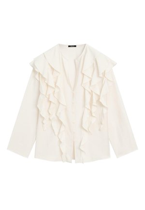 Cream long-sleeve blouse with layered front ruffles and fabric-covered buttons down the center.