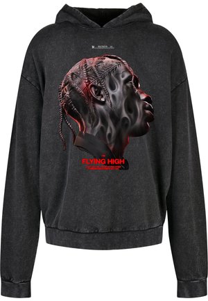 Black sweatshirt with hood, featuring a large printed graphic of a profile and red text. Made of soft material with ribbed cuffs and hem.