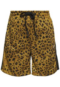 Shorts a stampa leopardata gialla con macchie nere, vita elastica e cordino, con pannelli laterali neri a contrasto.
