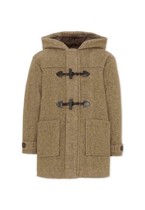 Bruine wollen dufflecoat met capuchon, twee voorzakken, knoopmanchetten en twee zwarte toggel-sluitingen aan de voorkant.