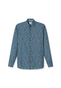 Blaues Langarmhemd mit Knöpfen und einem kleinen Blumenmuster in dunkleren und helleren Blautönen, mit Kentkragen und geradem Saum.